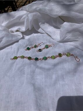 Hand crafted Green Glass Bead Linked Bracelet and Earrings Set